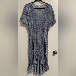 V neck midi wrap dress blue and pink floral pattern